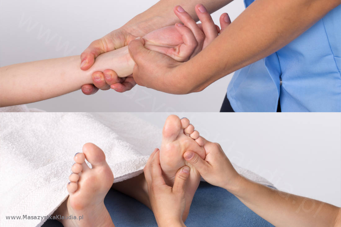 Masaż stóp i dłoni Obraz podzielony na dwa zdjęcia, na pierwszym kobieca dłoń masowana przez masażystkę Klaudię, a na drugim kobiece stopy masowane przez masażystkę Klaudię
